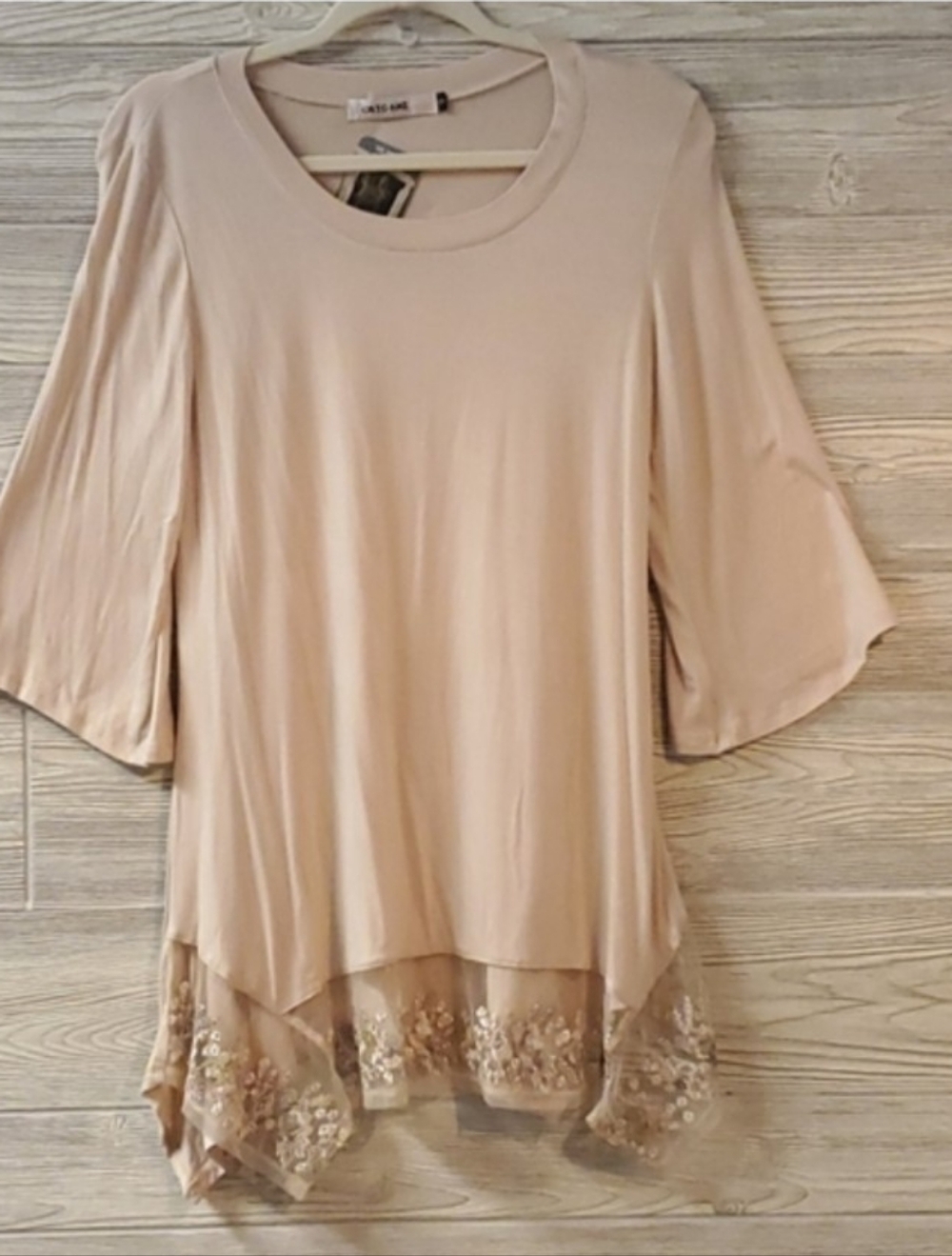Beige Lace-Hem Flowy Tunic Top